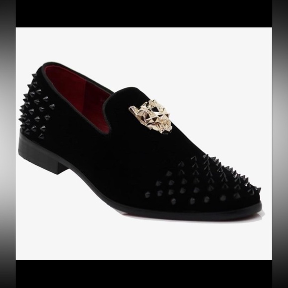 Men's Spikes Dress Shoes Black Velvet Loafers Gold Buckle Slip-On NWOT size 8.5 - Picture 2 of 12